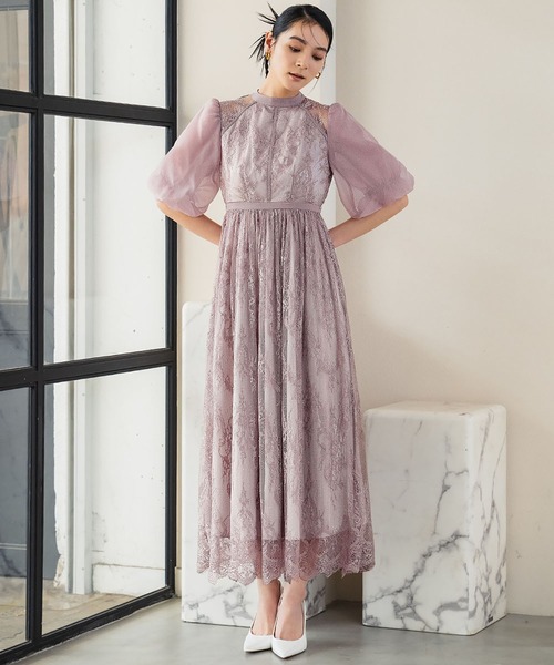 ガール GIRL ワンピース M ピンク ロング フレア 結婚式 お呼ばれ GIRL DRESS FOR NOW ドレス 総レースハイネックバルーンスリーブ