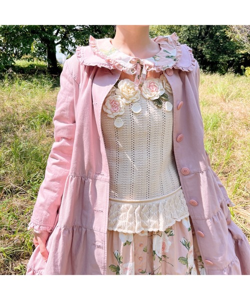 ピンクハウス　ジレ PINK HOUSE ベスト ジレ ホワイトローズモチーフニットベスト