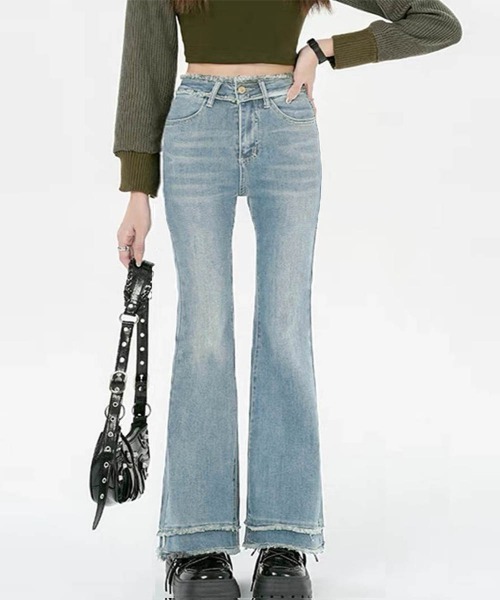 PERSONSOUL デニムカーゴパンツ フリンジ加工 フレア miniministore（ミニミニストア） カーゴパンツ フリンジ フレアパンツ