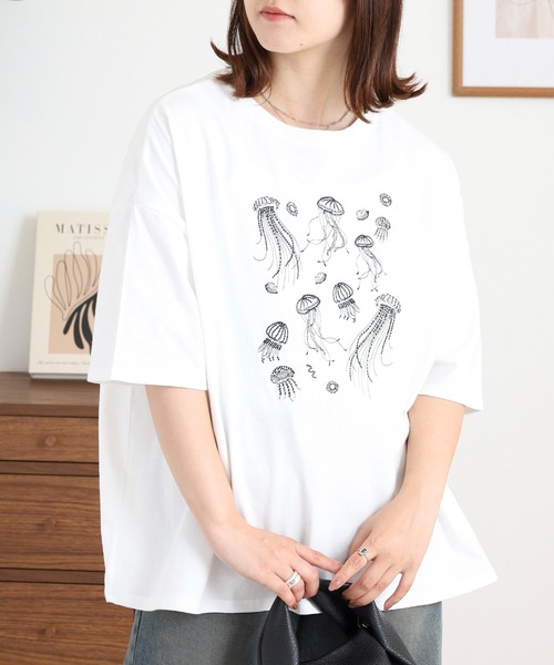 tシャツ 20天竺 ドルマン前刺繍半袖Tシャツ レディース