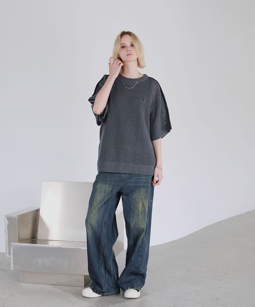 「ROCHEM」 半袖ニット M ネイビー メンズ_画像9