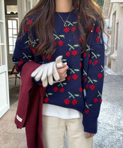 ニット セーター チェリー柄 ジャガードニットプルオーバー レディース