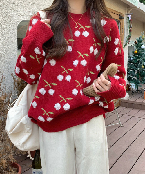 ニット セーター チェリー柄 ジャガードニットプルオーバー レディース