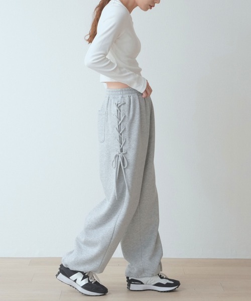 laulea ワイドパンツ スウェットパンツ ジャージ 裏起毛 サイドレース