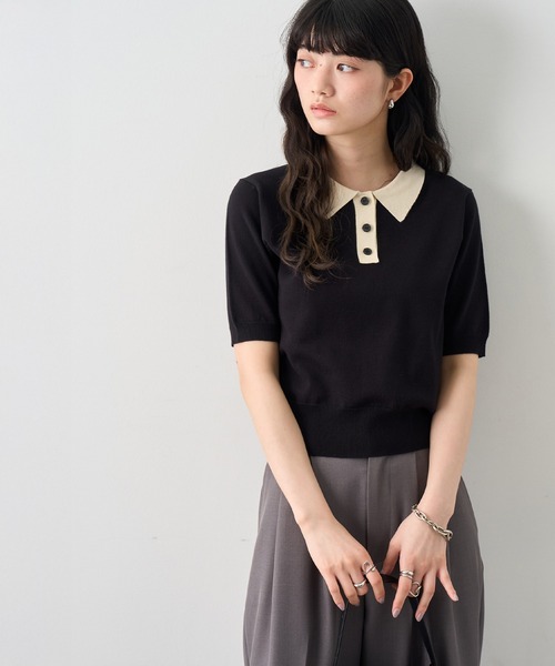 美品 Rene ルネ 袖リボン ポロニット バイカラー 半袖 36 美品 Rene ルネ 袖リボン ポロニット バイカラー 半袖 36 美品 Rene