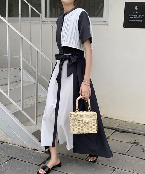 バイカラー シャツ ワンピース ロング丈 フレア 綺麗め ドレス pocg2885-1.jpg