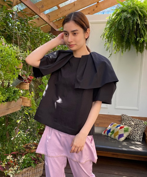 極美品✨定価１.１万❤️　黒　洗える　コットン サテン フリル カラー ブラウス ご自宅で洗える＞ヴィンテージサテンフレンチブラウス（シャツ
