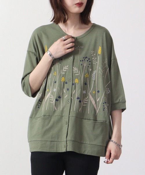 Emago（イマゴ） カーディガン 夏 切替え花刺繍 六分袖 レディース 
