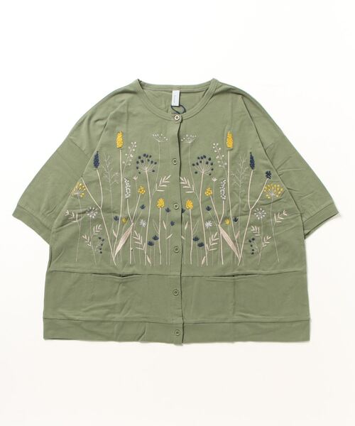 Emago カーディガン EMAGO 切替え花刺繍 六分袖 レディース