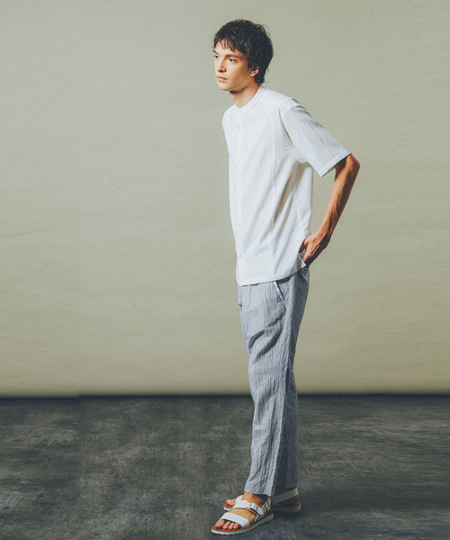 5351 POUR LES HOMMES シャツ 半袖 楊柳バンドカラー 半袖シャツ