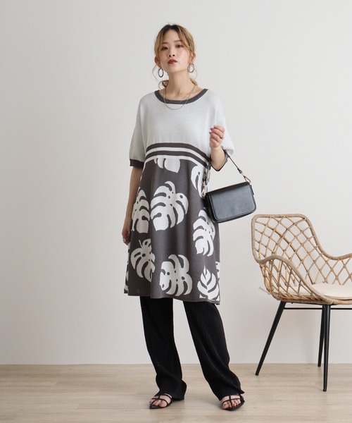 ワンピース AveAngelina ラメLeaf 柄Knitチュニック レディース  