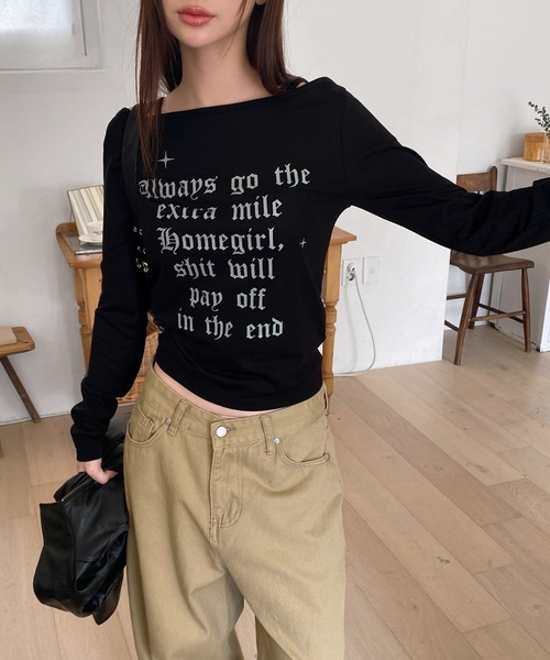by muni:r tシャツ レタリングショルダーストラップロングTシャツ 