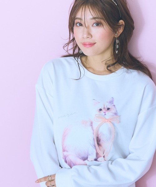 tシャツ 「大きいサイズ」キャットプリント裏毛スウェット　marun レディース
