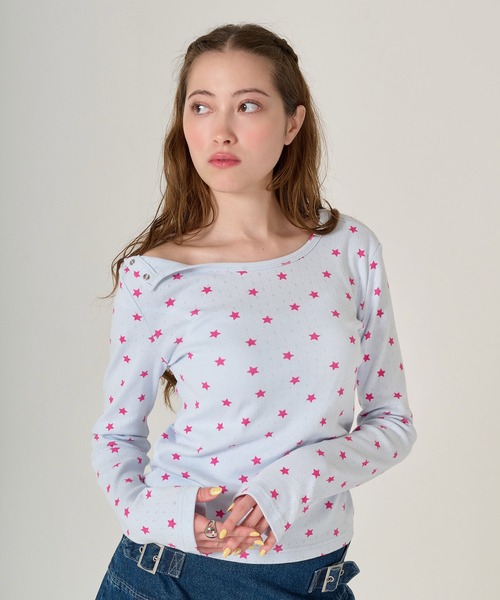 TINA：JOJUN ショルダー開き スタープリントロンT TINA：JOJUN tシャツ ショルダー開き スタープリントロンT