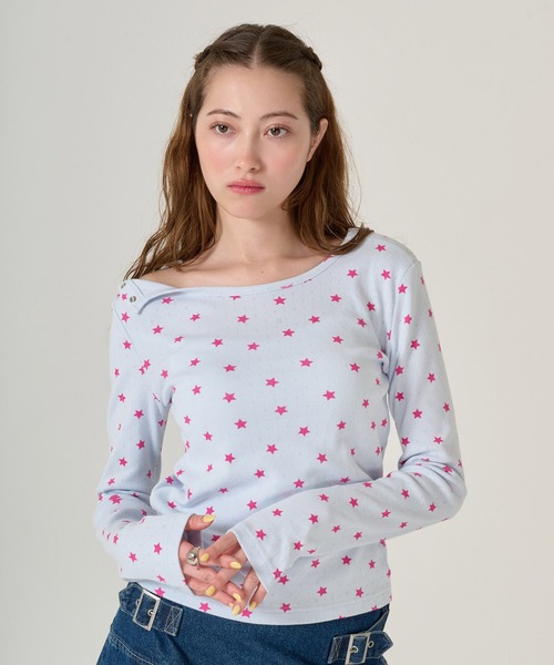 TINA：JOJUN tシャツ ショルダー開き スタープリントロンT