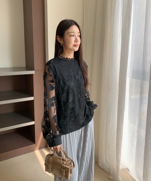 ブラウス シャツ ボリュームスリーブ刺繍レース透け感バンドカラー