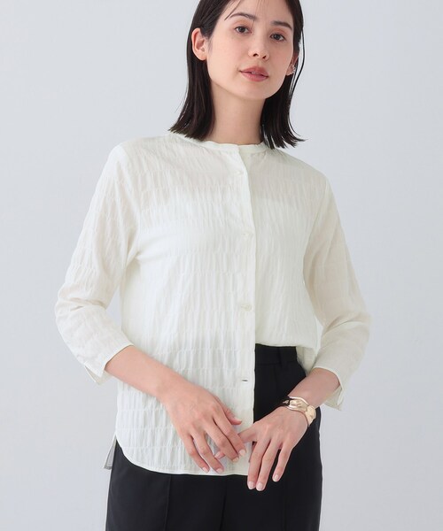 ブラウス シャツ 春SALE！「日本製／サッカー素材」バンドカラーブラウス レディース