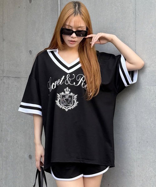 tシャツ ユニフォーム風配色オーバーカットトップス レディース