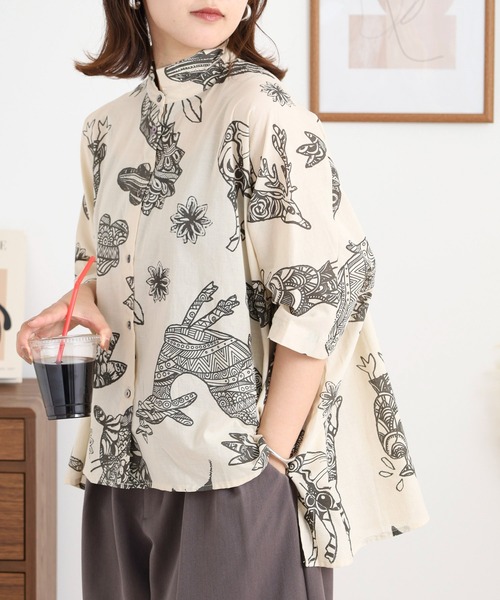 ブラウス シャツ 綿ボイル エスニックいきもの ワイドブラウス レディース