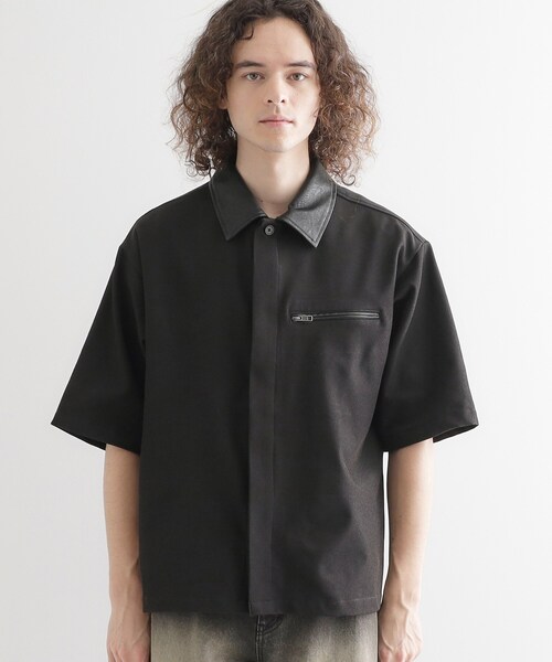 TAKEO KIKUCHI 黒 半袖シャツ tk.TAKEO KIKUCHI シャツ 衿配色ワーカーシャツアウター メンズ