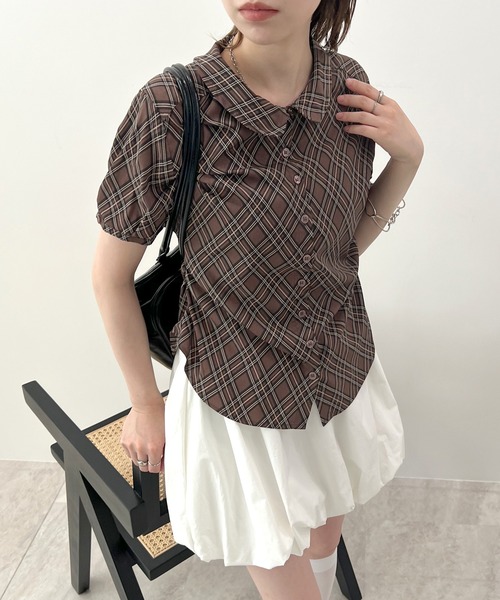 ブラウス シャツ チェック柄丸襟ブラウス レディース : ZOZOTOWN
