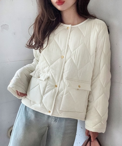 ラムレザー キルティング　ノーカラージャケット　Lサイズ　日本製　金ボタン LAUIR（ラウアー） ジャケット ノーカラージャケット 金釦キルティング