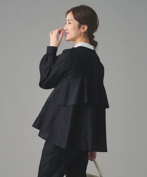 ユナイテッドアローズ ジャガードブラウス シアー 袖フリル ブラック 36 ユナイテッドアローズ ジャガードブラウス シアー 袖フリル ブラック