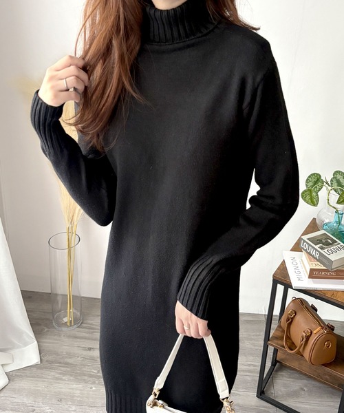 ワンピース シンプルで品のあるリラックススタイルが完成♪ タートルネックニットロングワンピース | Dewlily | 11