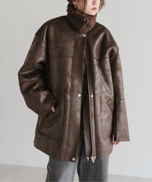 【アメリ】テントラインボアコート ブラウン ロング リバー風 フェイクレザー F ラナン RANAN ムートンライクボアロングコート （キャメル