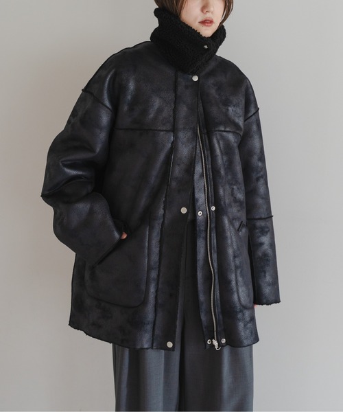 韓国製ムートンコート　黒 THISIS ムートンジャケット ムートンコート フェイクムートン B-3