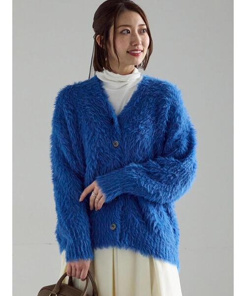 極美品 プランテーション 日本製 デコドット カーディガン ネイビー 青 M Te chichi（テチチ） カーディガン シャギーVネックカーディガン