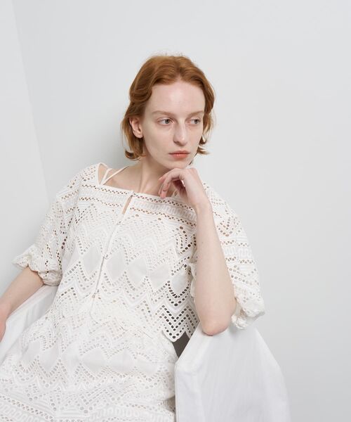現行品/LANVIN COLLECTION レース切り替えスリーブブラウス LANVIN en Bleu ブラウス シャツ エンブロイダリーコットンレース