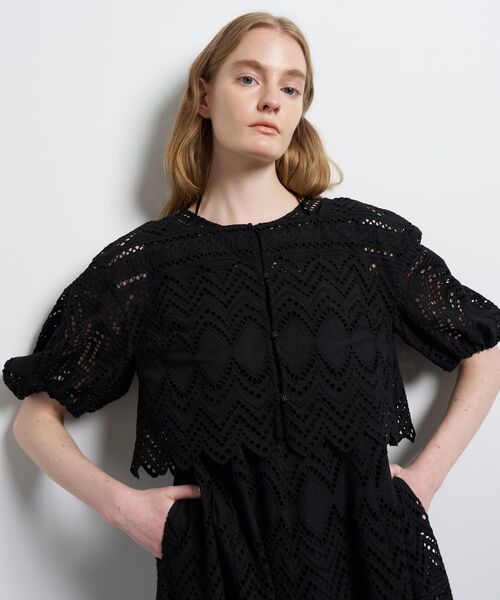 LANVIN en Bleu ブラウス シャツ 半袖 エンブロイダリーコットンレース 
