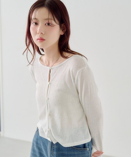 カーディガン 「4色展開/前後2WAY」ラインストーンシアーカットソー レディースの画像