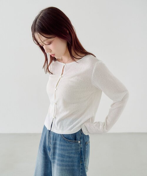 カーディガン 「4色展開/前後2WAY」ラインストーンシアーカットソー レディースの画像