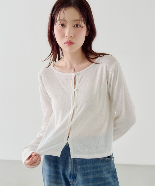カーディガン 「4色展開/前後2WAY」ラインストーンシアーカットソー レディースの画像