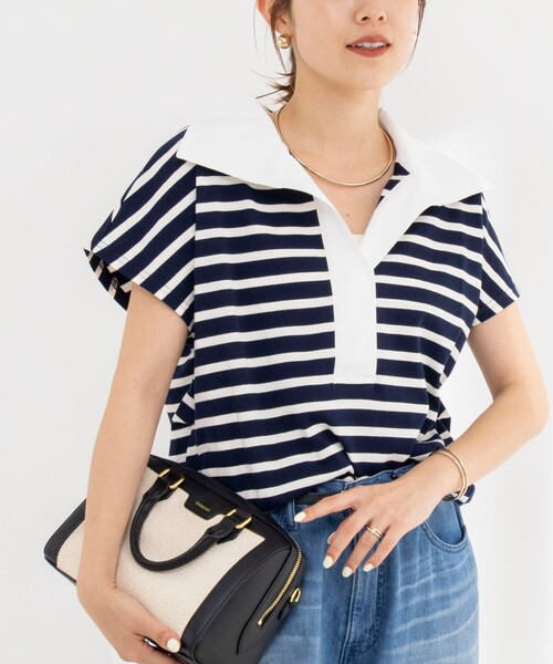 tシャツ ウォッシャブルオープンカラーボーダーコクーンT レディースの画像