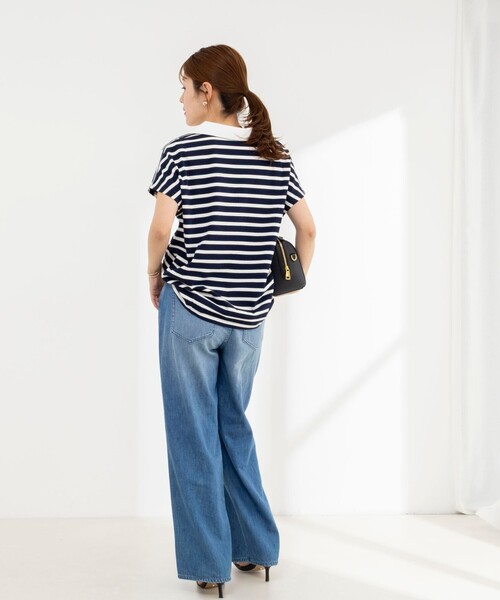 tシャツ ウォッシャブルオープンカラーボーダーコクーンT レディースの画像