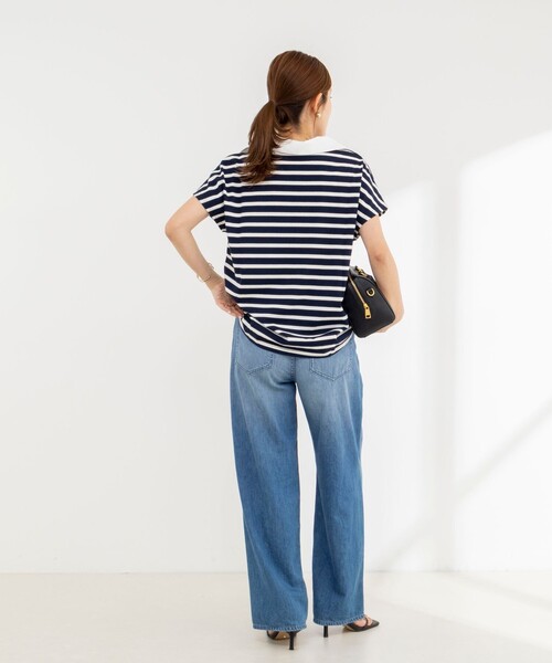 tシャツ ウォッシャブルオープンカラーボーダーコクーンT レディースの画像
