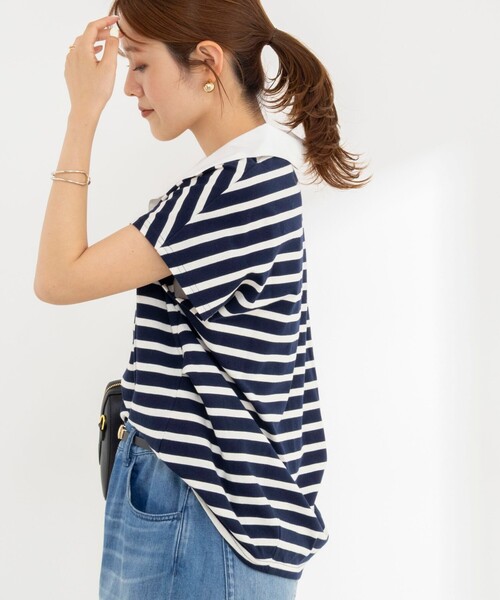 tシャツ ウォッシャブルオープンカラーボーダーコクーンT レディースの画像