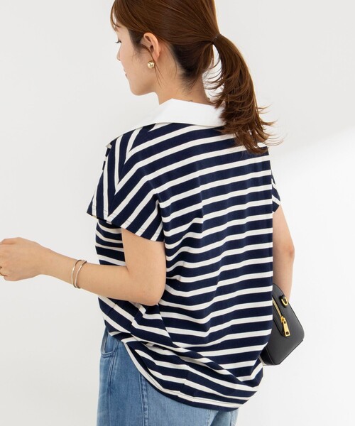 tシャツ ウォッシャブルオープンカラーボーダーコクーンT レディースの画像