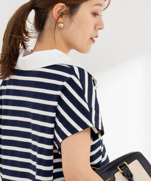 tシャツ ウォッシャブルオープンカラーボーダーコクーンT レディースの画像