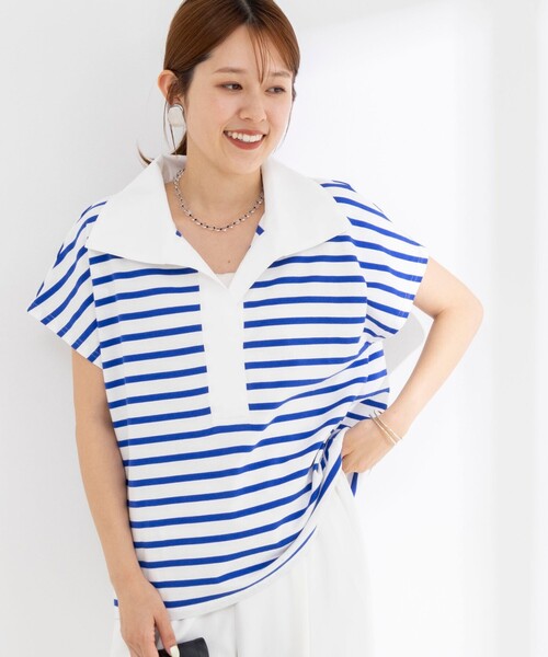 tシャツ ウォッシャブルオープンカラーボーダーコクーンT レディースの画像