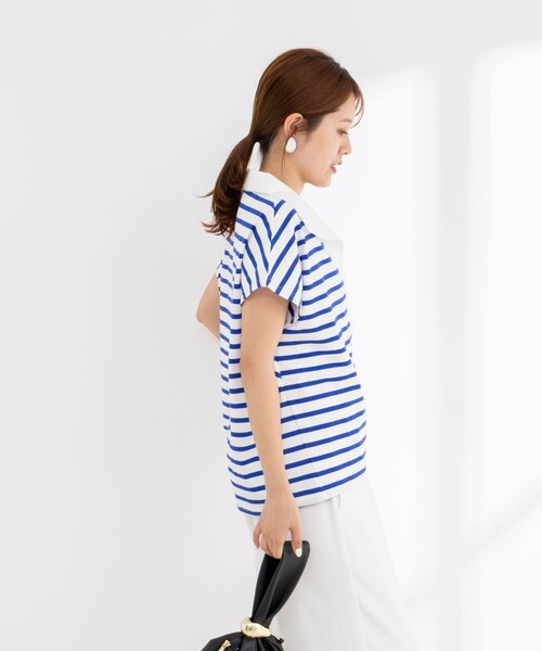 tシャツ ウォッシャブルオープンカラーボーダーコクーンT レディースの画像