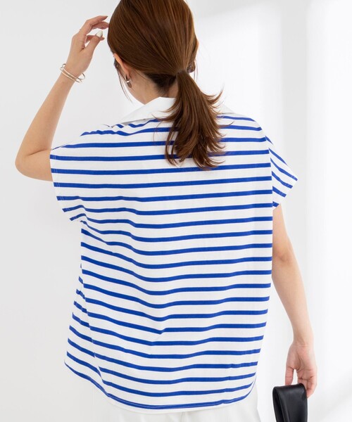 tシャツ ウォッシャブルオープンカラーボーダーコクーンT レディースの画像