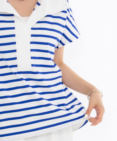 tシャツ ウォッシャブルオープンカラーボーダーコクーンT レディースの画像