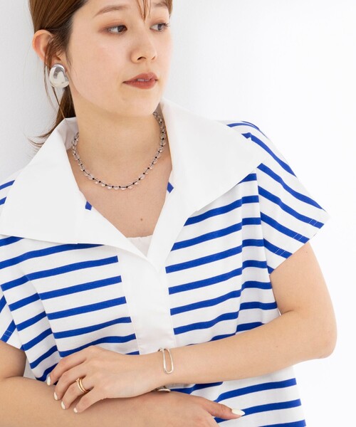 tシャツ ウォッシャブルオープンカラーボーダーコクーンT レディースの画像