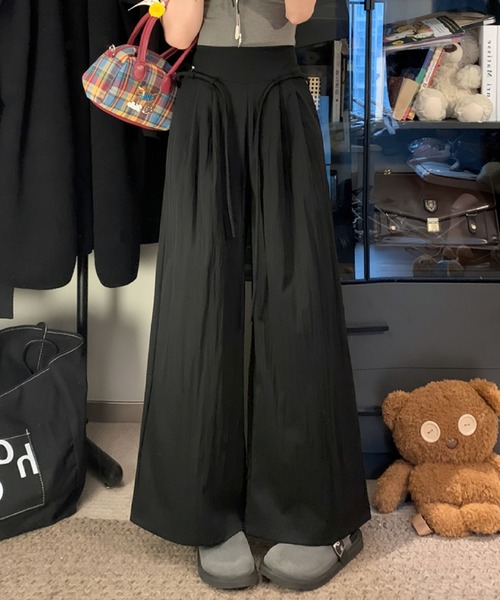 2ly2 ワイドパンツ パンツ ワイドパンツ タックパンツ ウエスト紐