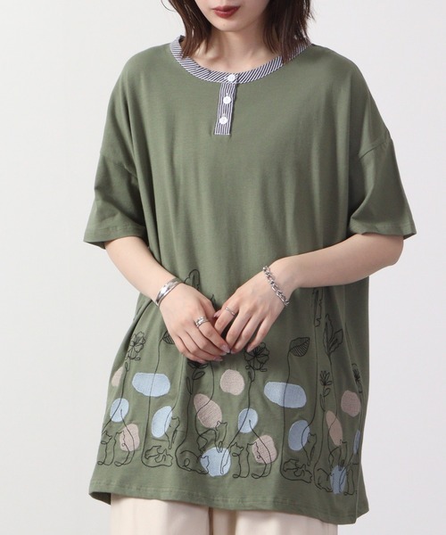 Emago（イマゴ） チュニック 一筆ネコ刺繍チュニック 半袖 : ZOZOTOWN