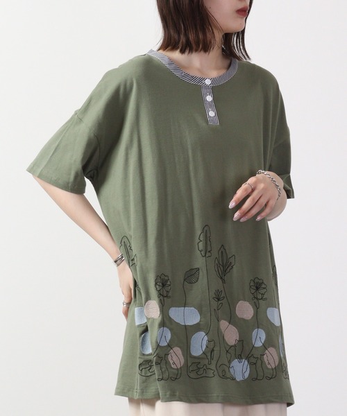 Emago（イマゴ） チュニック 一筆ネコ刺繍チュニック 半袖 : ZOZOTOWN